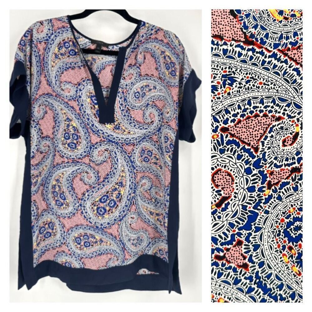 J. Crew Women's Colorblock Paisley Tunic Top Swim Cover-Up Blue Red Size 2XS